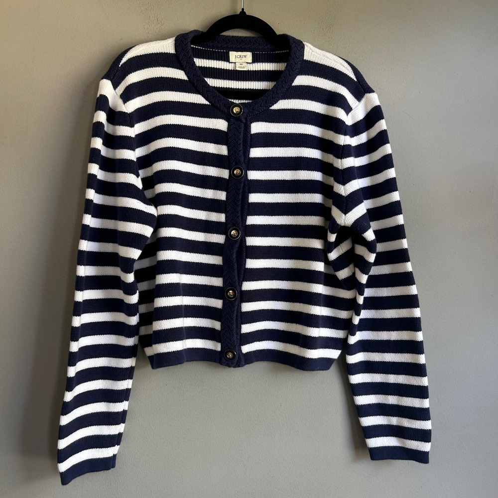 J.Crew Womens Striped Cotton Crop Cardigan Sweater Navy Blue White Gold Button M